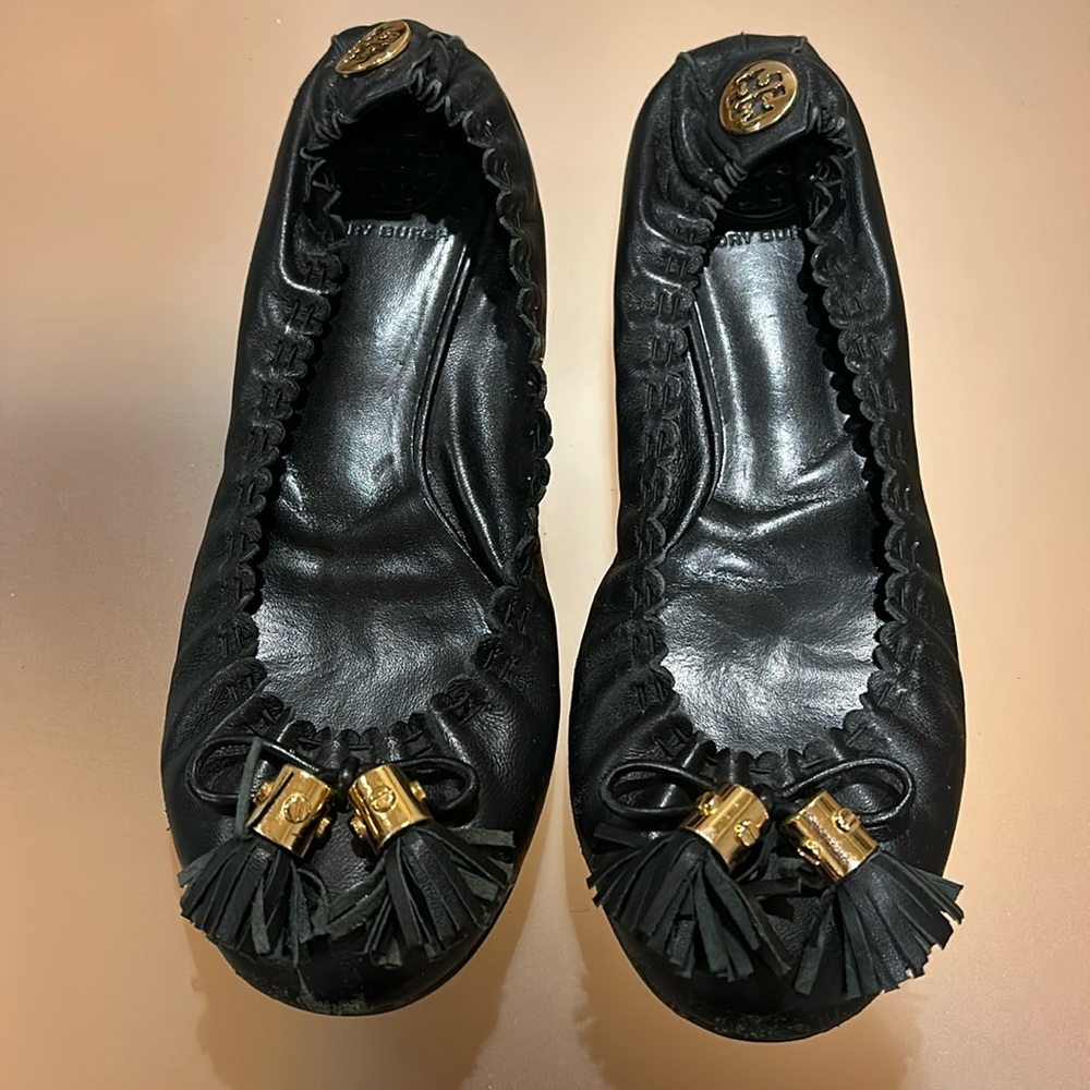Tory Burch black leather tassle ballet flats, size 9